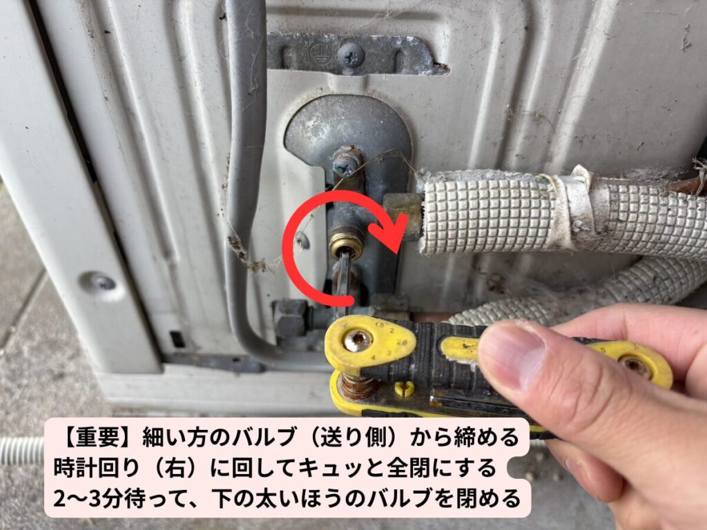 六角レンチでバルブを閉める様子